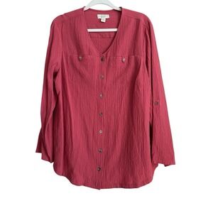 Appleseed's‎ Women's Roll Tab Sleeves Button Down Crinkle Top Size 1X Stretch